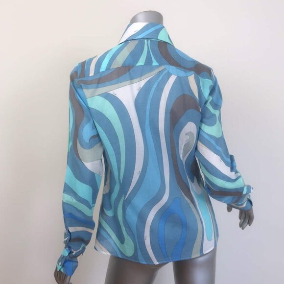 Emilio Pucci Marmo Print Shirt Blue Cotton Voile Size US 8 Long Sleeve Top - Picture 5 of 8